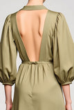 Olive Satin Sheath V Neck Wedding Guest Dress