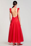 Ruffled Sleeves A Line Red Chiffon Wedding Guest Dress