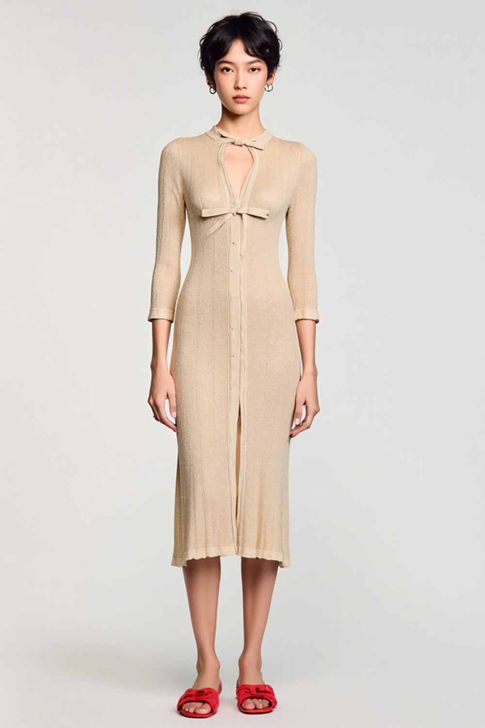Apricot Jersey Sheath Midi Wedding Guest Dress