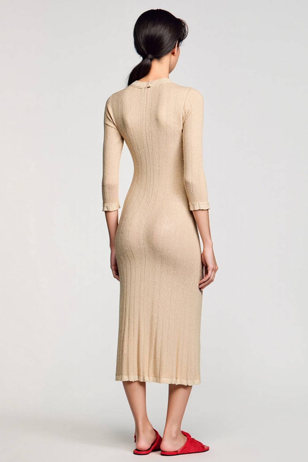 Apricot Jersey Sheath Midi Wedding Guest Dress