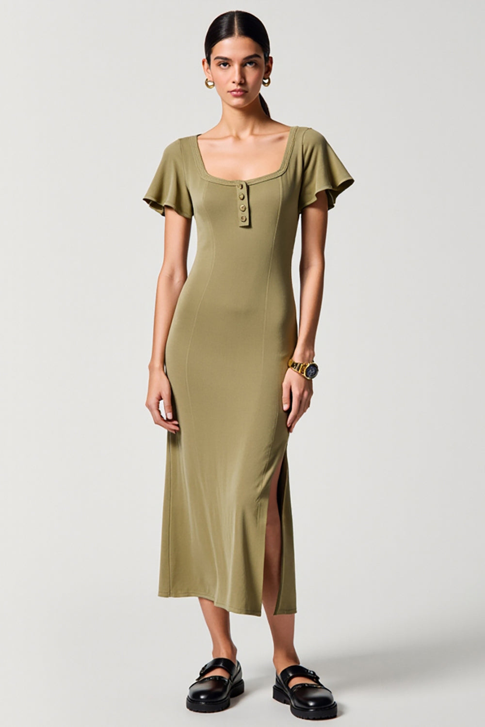 Olive Sheath Square Neck Wedding Guest Dress with Slit