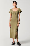 Olive Sheath Square Neck Wedding Guest Dress with Slit