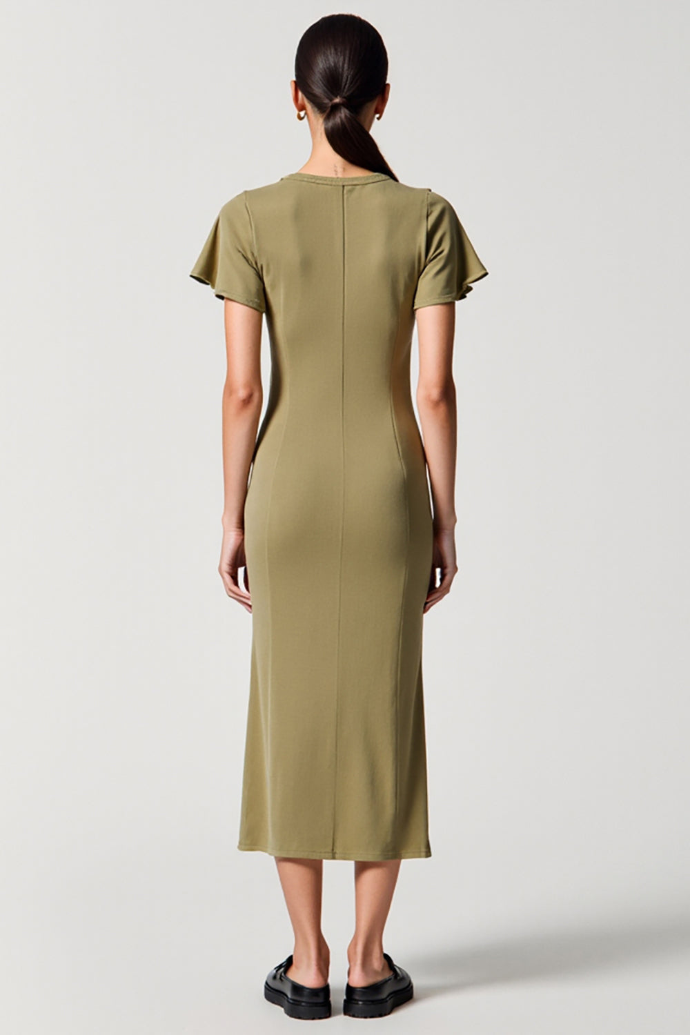 Olive Sheath Square Neck Wedding Guest Dress with Slit