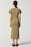 Olive Sheath Square Neck Wedding Guest Dress with Slit
