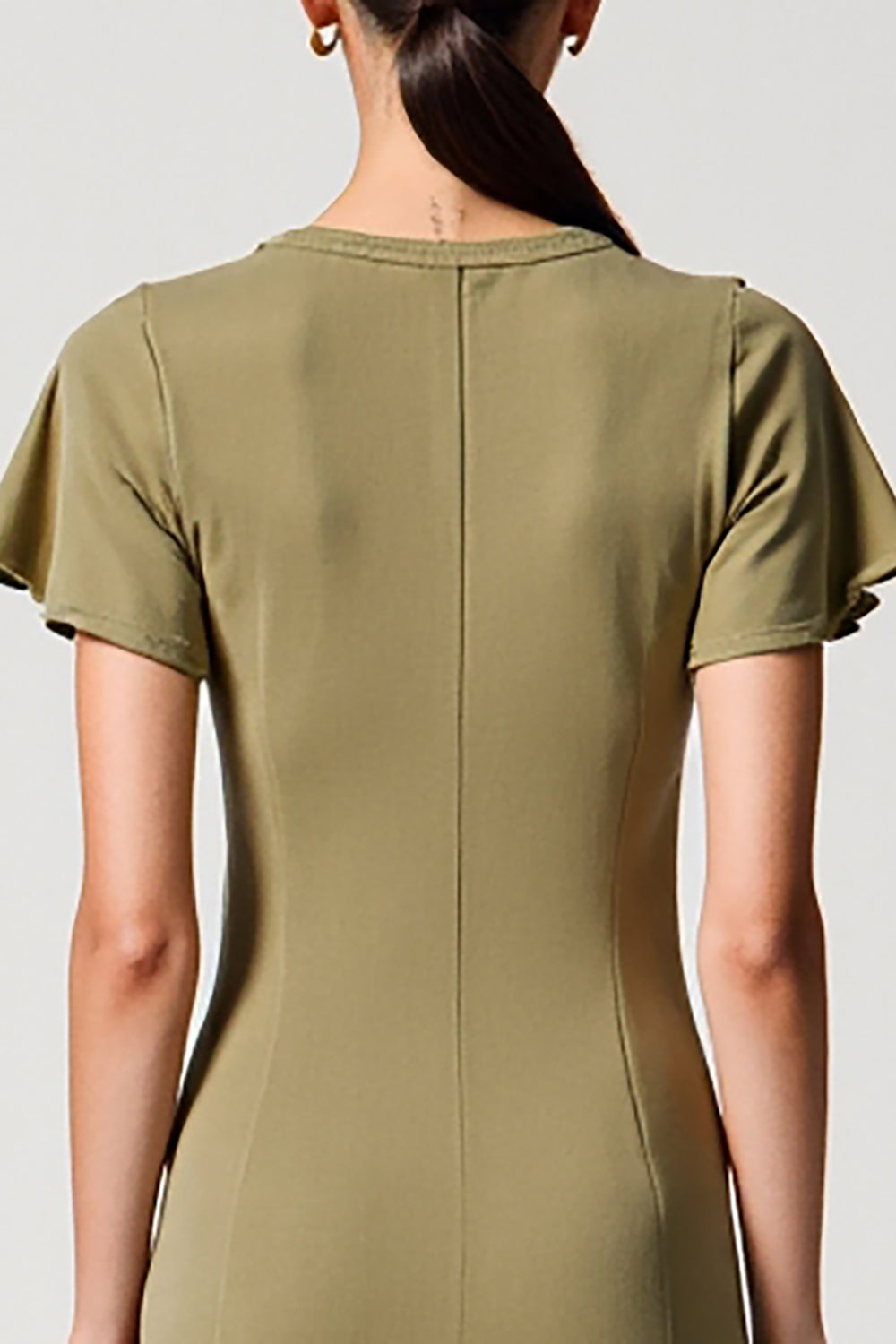 Olive Sheath Square Neck Wedding Guest Dress with Slit