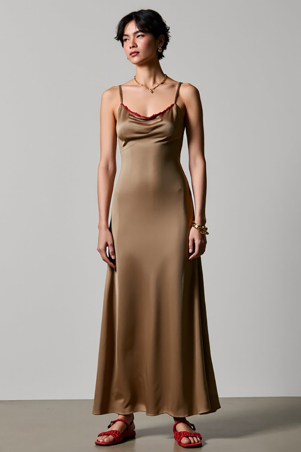 Olive Spaghetti Straps Satin A Line Wedding Guest Dress