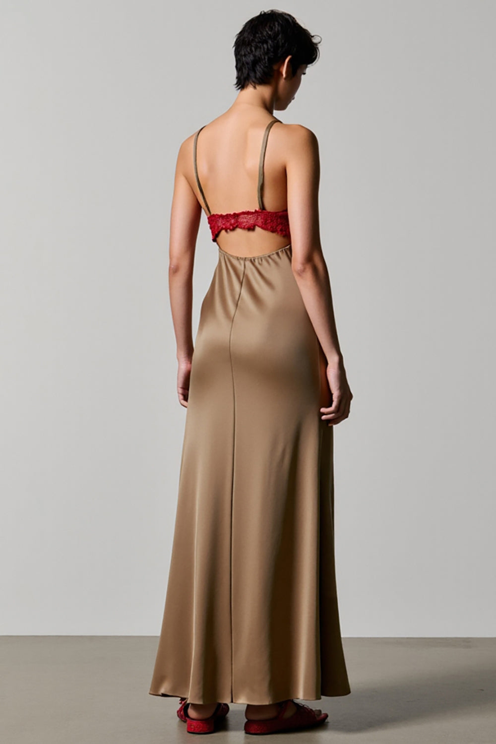 Olive Spaghetti Straps Satin A Line Wedding Guest Dress