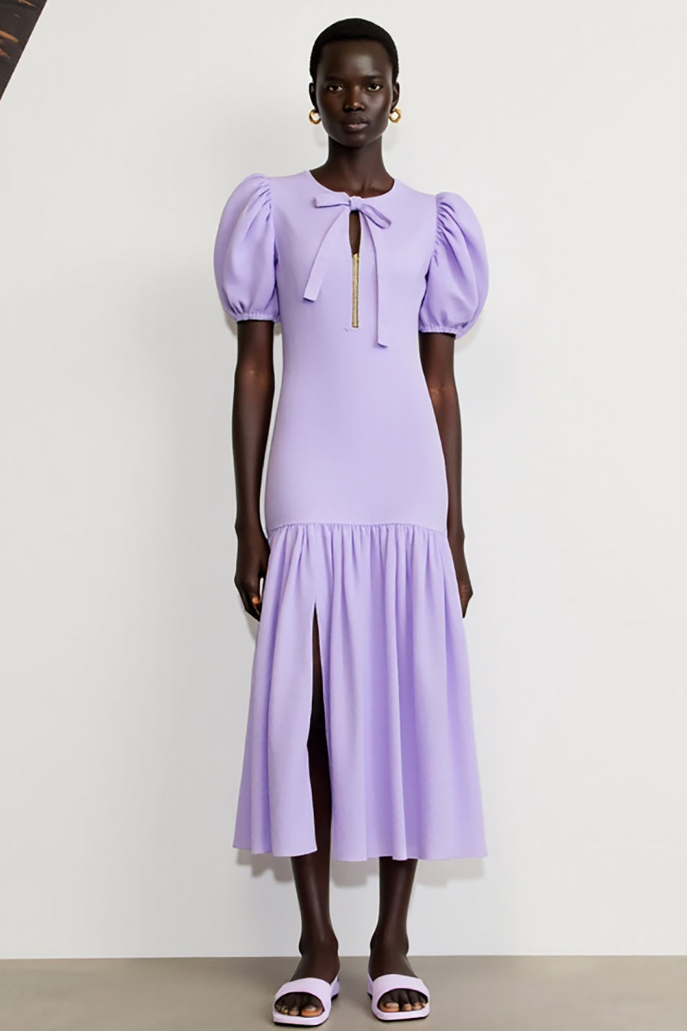 Purple Chiffon Puff Sleeve Wedding Guest Dress