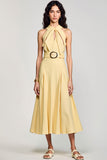 Halter Yellow A Line Midi Wedding Guest Dress with Belt