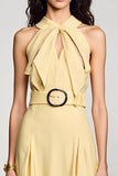 Halter Yellow A Line Midi Wedding Guest Dress with Belt