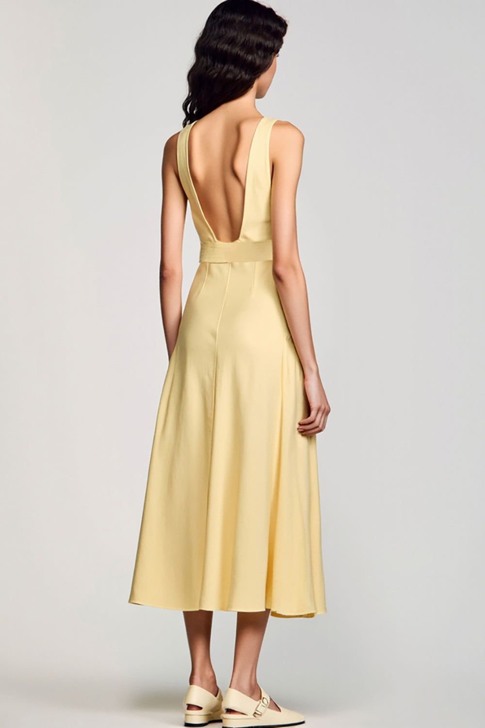 Halter Yellow A Line Midi Wedding Guest Dress with Belt