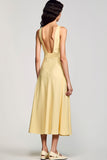 Halter Yellow A Line Midi Wedding Guest Dress with Belt