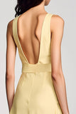 Halter Yellow A Line Midi Wedding Guest Dress with Belt