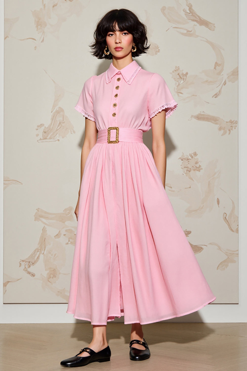 Pink A Line Polo Collar Wedding Guest Dress with Belt