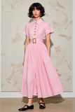 Pink A Line Polo Collar Wedding Guest Dress with Belt