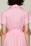Pink A Line Polo Collar Wedding Guest Dress with Belt