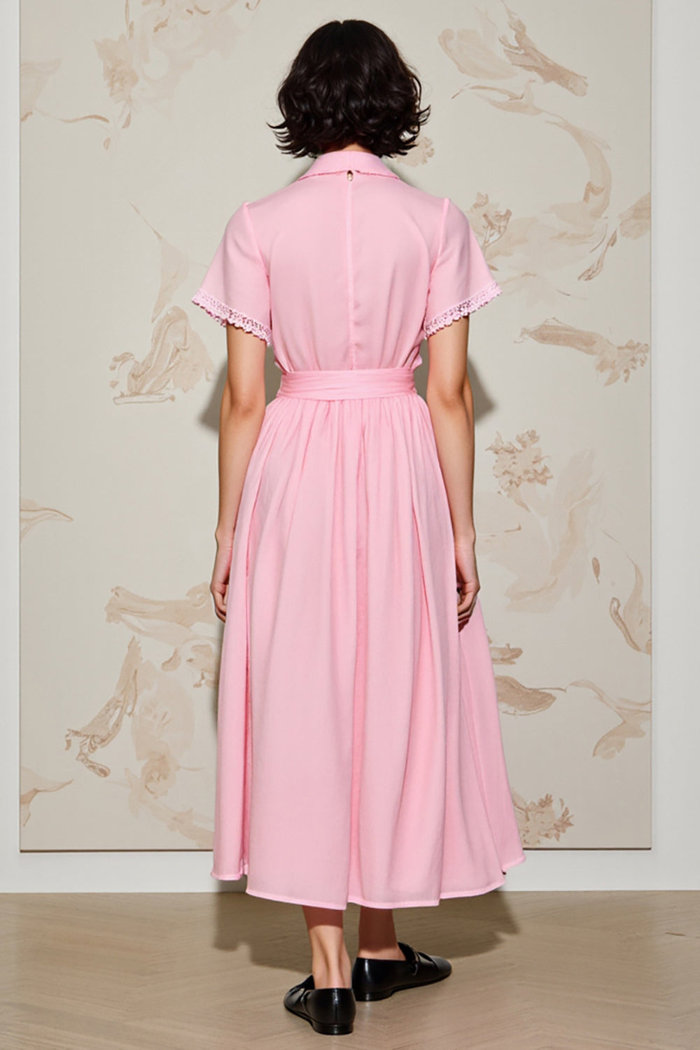 Pink A Line Polo Collar Wedding Guest Dress with Belt