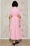 Pink A Line Polo Collar Wedding Guest Dress with Belt