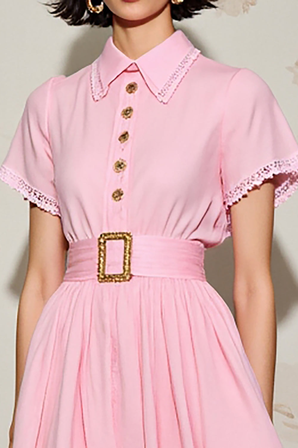 Pink A Line Polo Collar Wedding Guest Dress with Belt