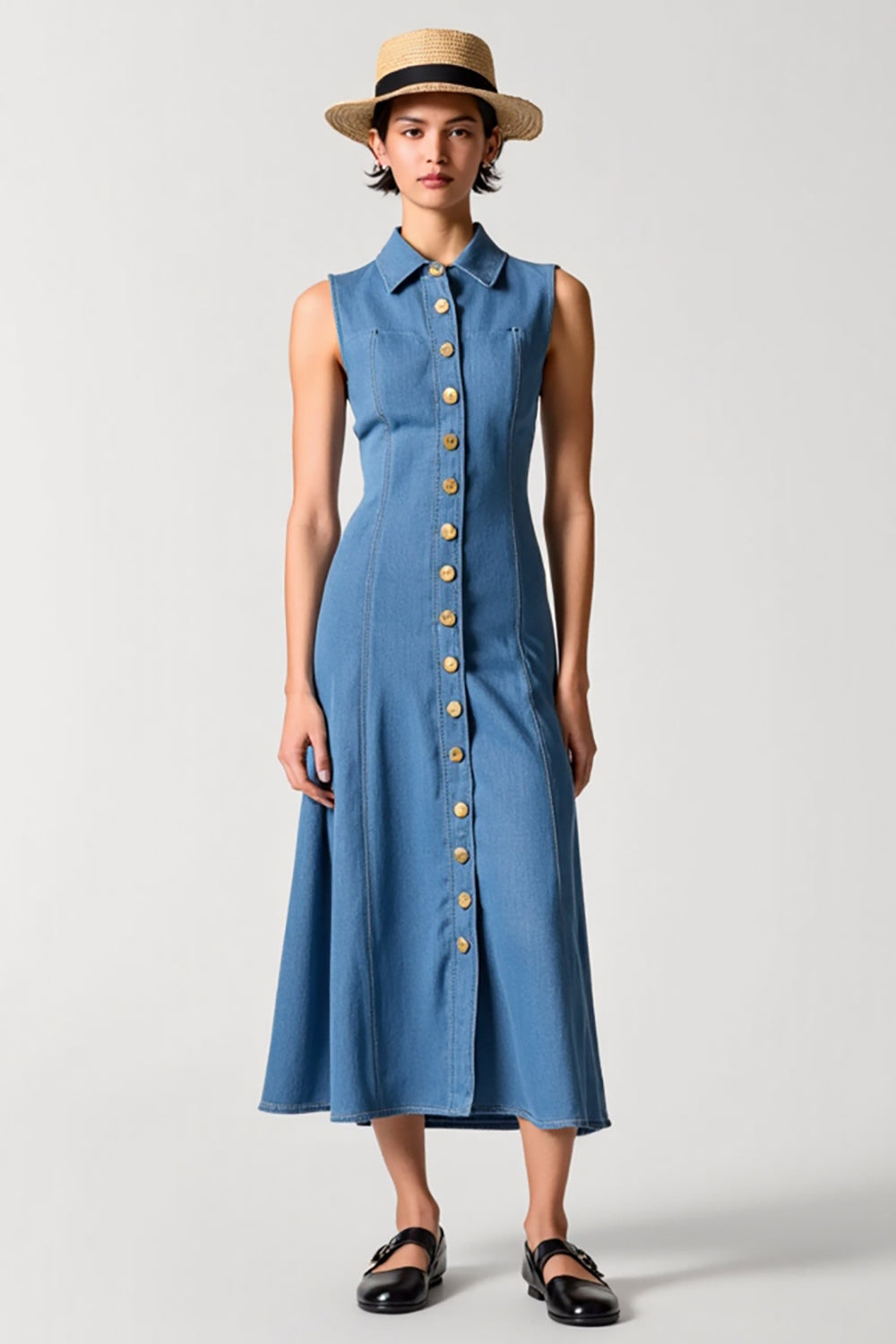 Blue Polo Collar A Line Denim Wedding Guest Dress with Buttons