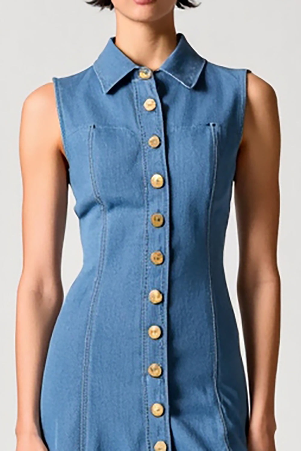 Blue Polo Collar A Line Denim Wedding Guest Dress with Buttons