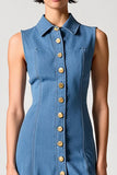 Blue Polo Collar A Line Denim Wedding Guest Dress with Buttons
