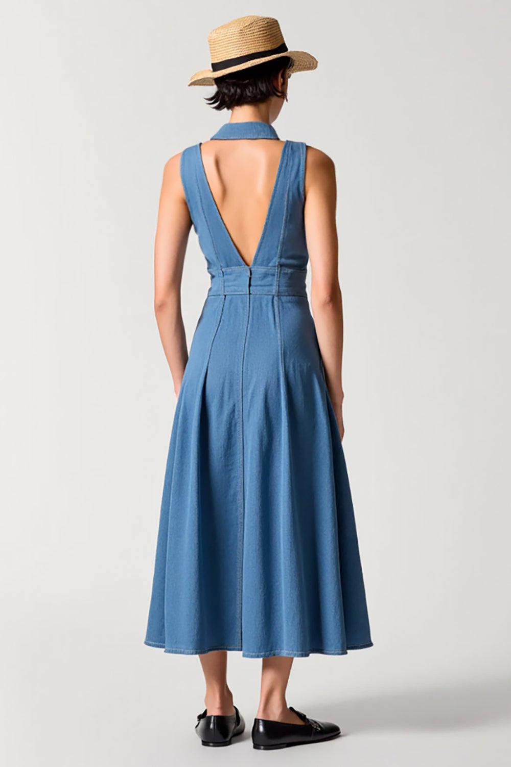 Blue Polo Collar A Line Denim Wedding Guest Dress with Buttons