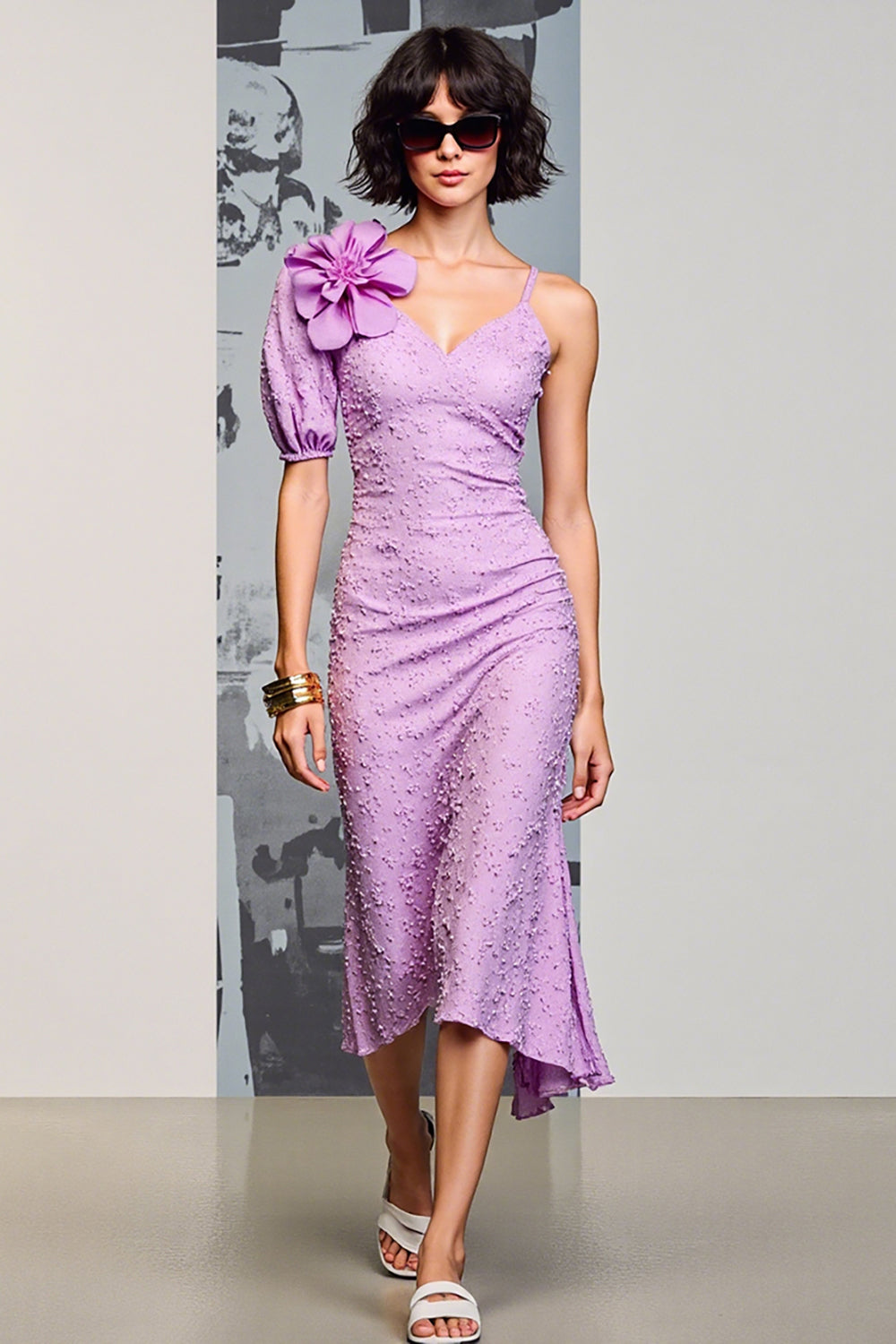 Purple Floral Mermaid Wedding Guest Dress