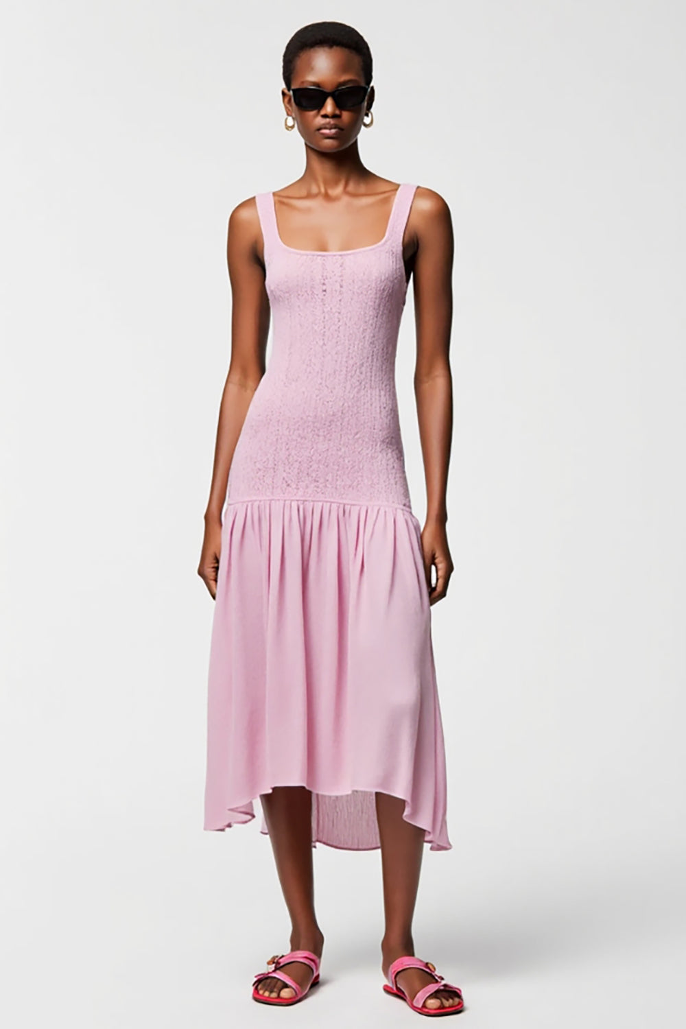 Pink Square Neck A Line Midi Wedding Guest Dress
