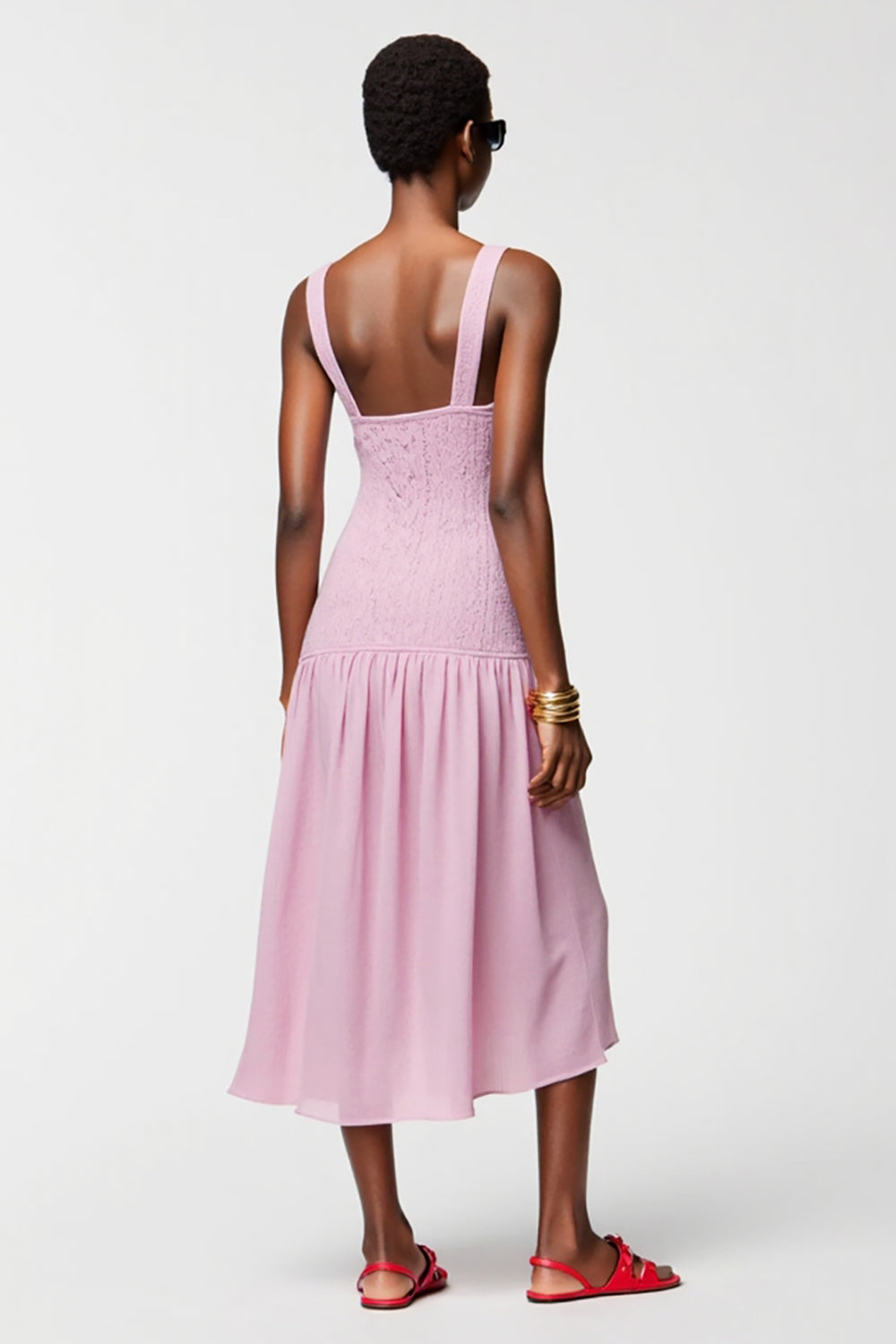 Pink Square Neck A Line Midi Wedding Guest Dress
