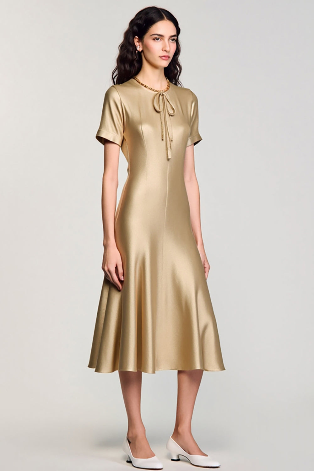 Champagne Satin A Line Midi Wedding Guest Dress