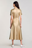 Champagne Satin A Line Midi Wedding Guest Dress