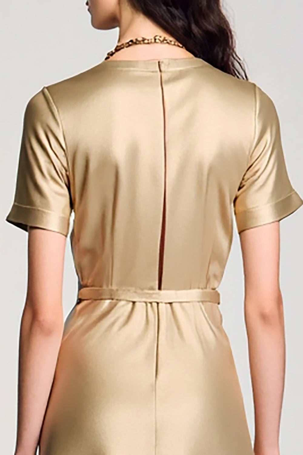 Champagne Satin A Line Midi Wedding Guest Dress