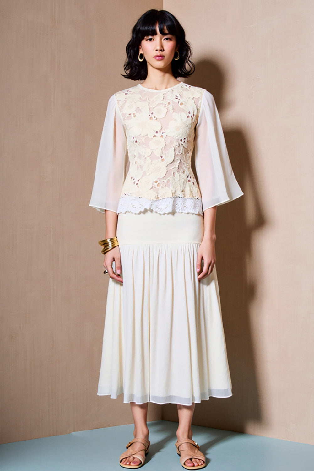 White A Line 3/4 Sleeve Lace Wedding Guest Dress