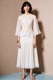 White A Line 3/4 Sleeve Lace Wedding Guest Dress
