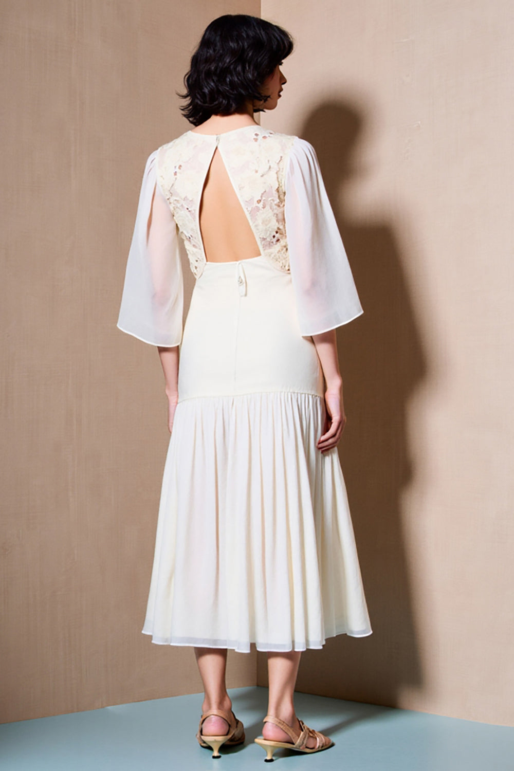 White A Line 3/4 Sleeve Lace Wedding Guest Dress