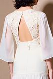 White A Line 3/4 Sleeve Lace Wedding Guest Dress