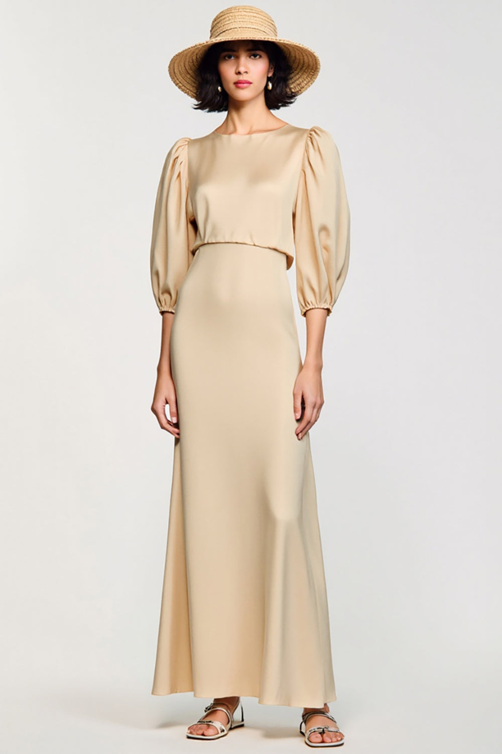 Apricot A Line 3/4 Sleeve Wedding Guest Dress