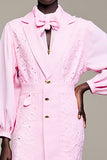 Pink Notched Lapel Long Sleeve Wedding Guest Dress