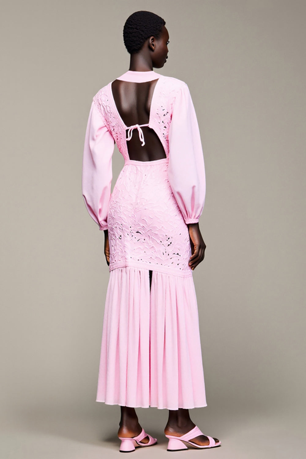 Pink Notched Lapel Long Sleeve Wedding Guest Dress