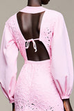 Pink Notched Lapel Long Sleeve Wedding Guest Dress