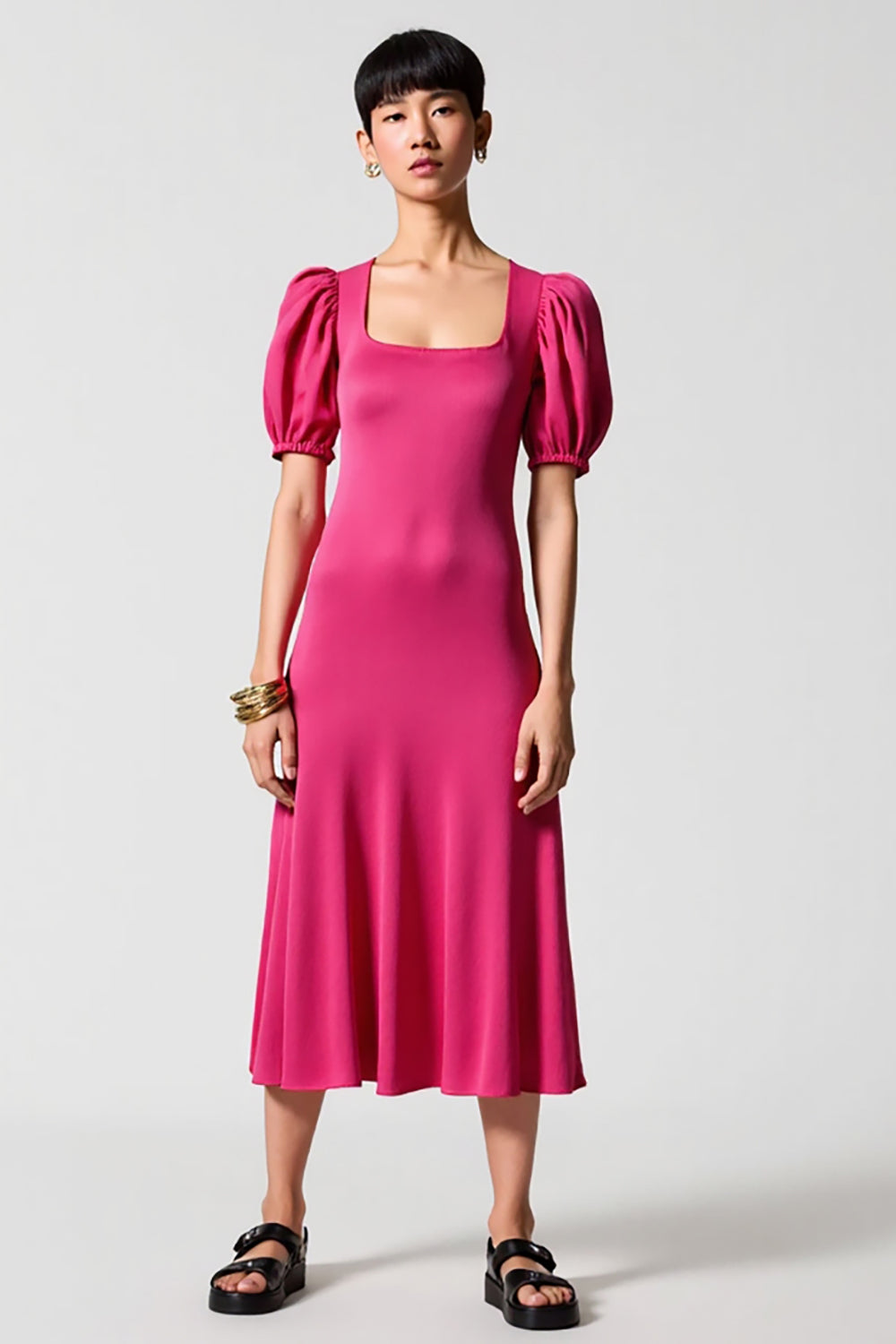 Pink Puff Sleeve A Line Midi Wedding Guest Dress