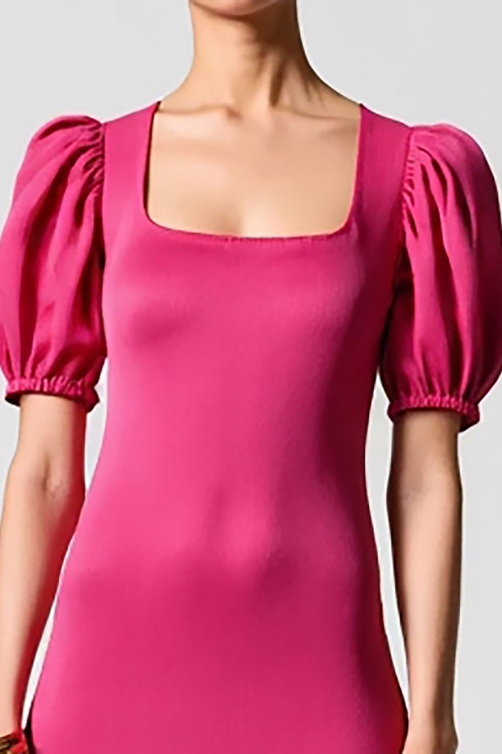 Pink Puff Sleeve A Line Midi Wedding Guest Dress