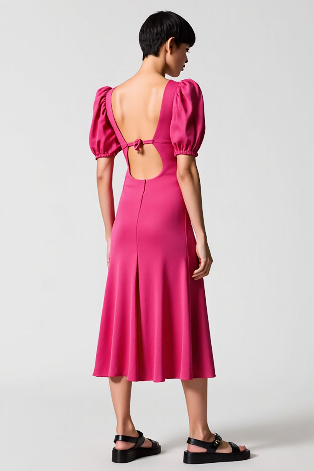 Pink Puff Sleeve A Line Midi Wedding Guest Dress