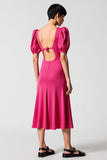 Pink Puff Sleeve A Line Midi Wedding Guest Dress