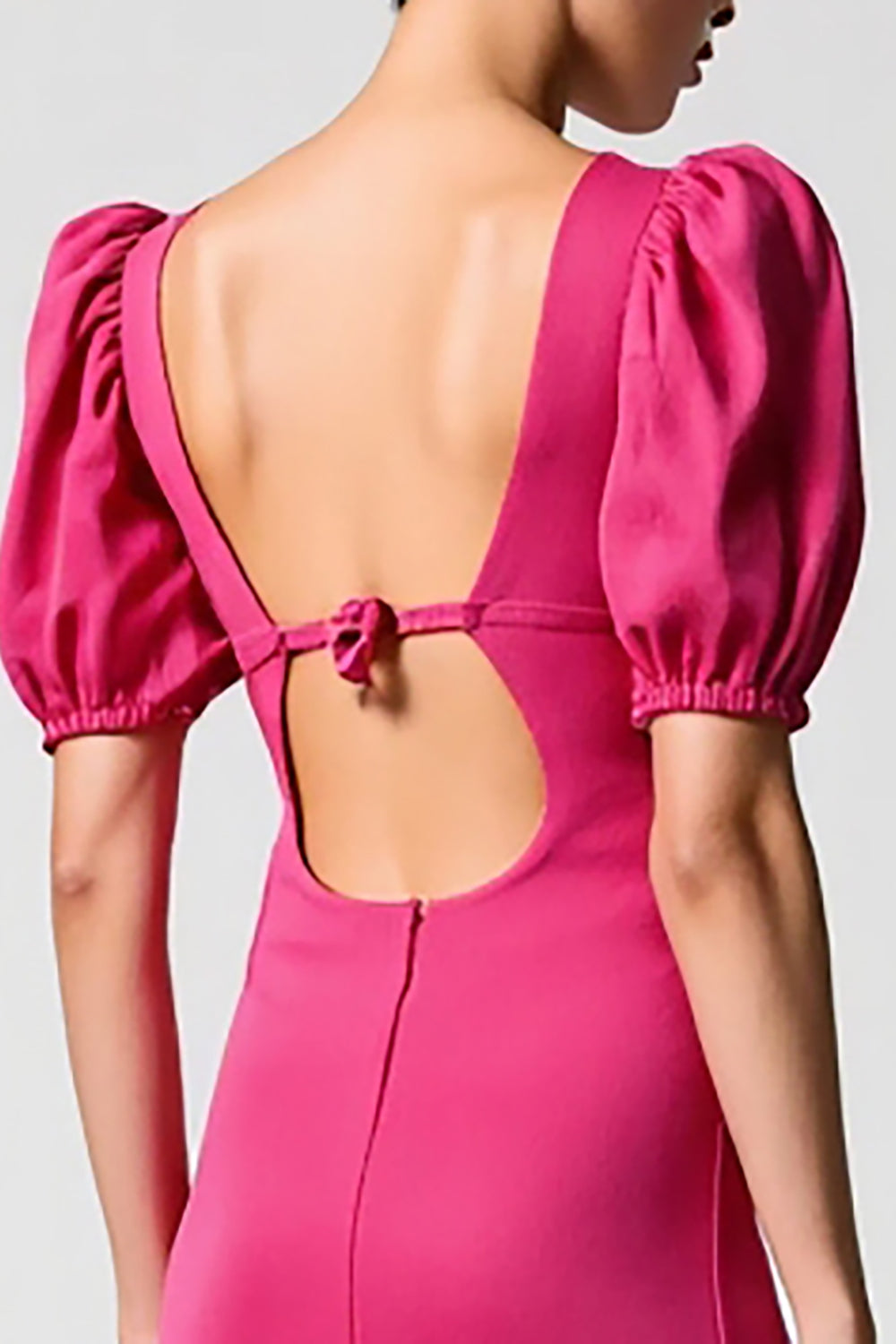 Pink Puff Sleeve A Line Midi Wedding Guest Dress