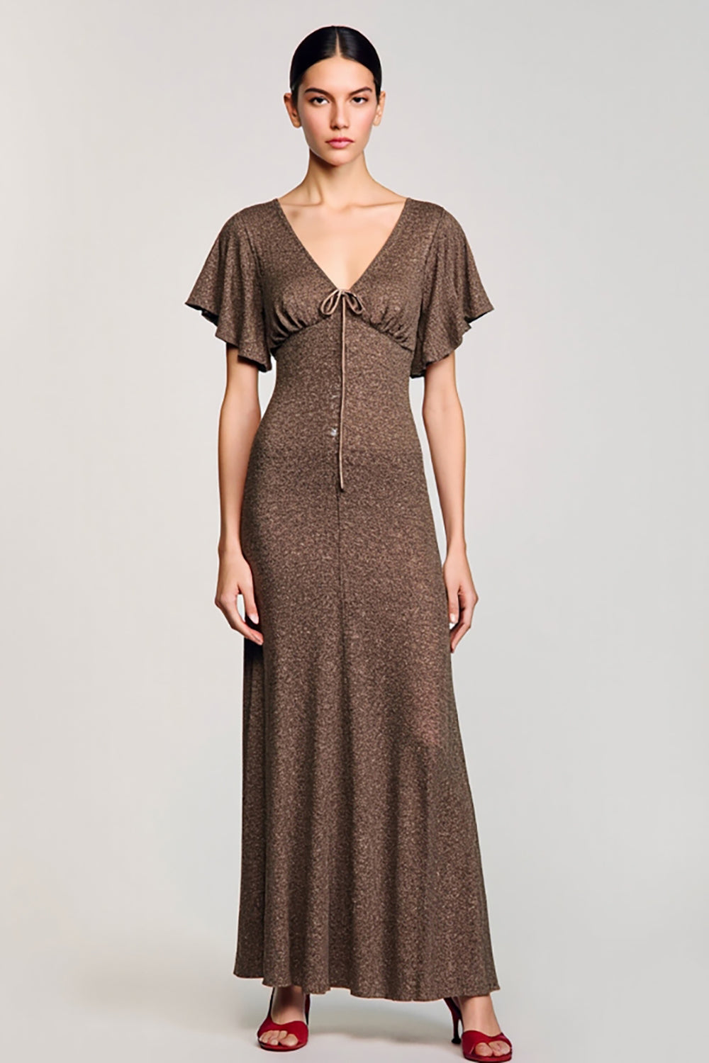 Coffee V Neck Wedding Guest Dress with Flutter Sleevs
