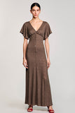 Coffee V Neck Wedding Guest Dress with Flutter Sleevs