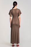 Coffee V Neck Wedding Guest Dress with Flutter Sleevs