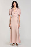 Pink Notched Lapel Backless Wedding Guest Dress with Puff Sleeves